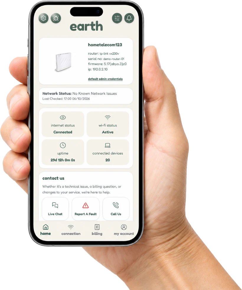 a hand holding a phone showing the earth app home screen, with router details, wi-fi status and connected devices